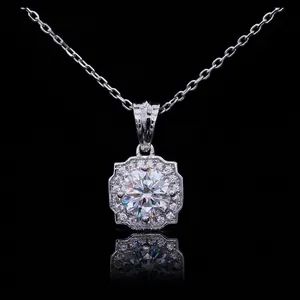 Elegant silver necklace with round brilliant moissanite and square diamond halo