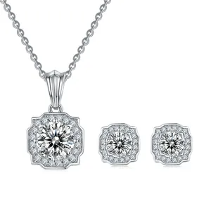 Elegant sterling silver moissanite halo necklace and matching stud earrings jewelry set