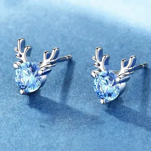 Orecchini a perno con corna di cervo in argento S925 e cristallo blu, regalo di Natale