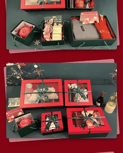 Detailed view of festive Christmas gift boxes with transparent windows and green bows