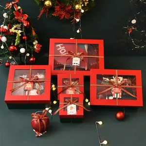 Christmas Window Gift Box With Ribbon Bow For Candy Apple Packaging Festive Party Favor Hard Cardboard Gift Box