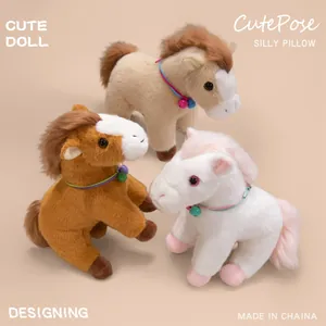 Group of cute cartoon horse plush toys with colorful bells in tan brown and white
