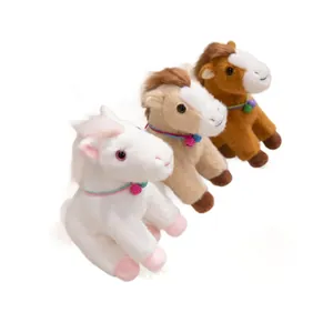 Soft plush horse toys with bell collars in white, beige, and brown colors