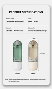 Specifiche del distributore d'acqua portatile per animali, diametro 7cm e altezza 21,5cm.