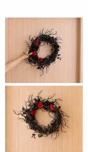 Gothic Halloween wreath with black branches and red roses on wooden door background