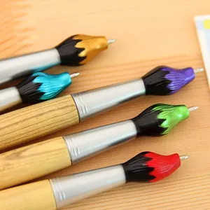 Close-up showing various colors of lipstick and makeup brush shaped creative ballpoint pens.
