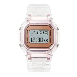 Trendige transparente quadratische digitale Sportuhr für Damen mit roségoldenem LED-Display