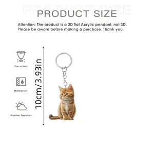 Vue détaillée du porte-clés chat en acrylique 2D montrant la taille de 10 cm et icônes