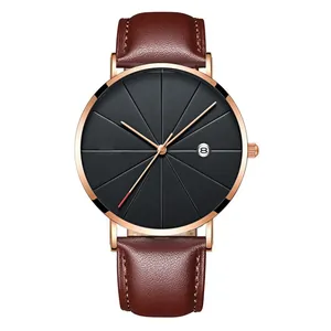 Montre à quartz élégante pour hommes avec bracelet en cuir marron et cadran noir texturé