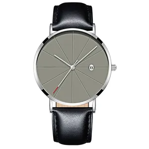 Montre à quartz minimaliste pour homme avec cadran gris et bracelet en cuir noir