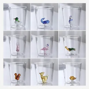 Set of 3D cartoon animal shape glass cups featuring duck, dolphin, and more creative designs