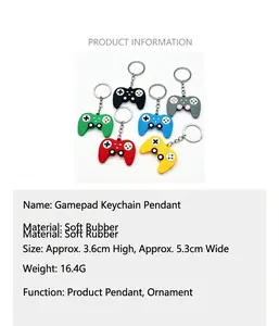 Detail view of six colorful game controller keychains with material and size specifications