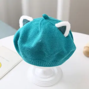 Cute baby knit beret with plush cat ears in turquoise blue for winter