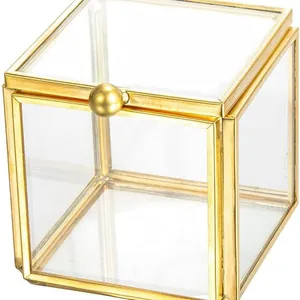 Elegant mini square glass jewelry box with gold metal frame for ring and earring storage