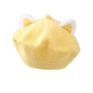 Adorable yellow baby beret hat with white cat ears for autumn and winter warmth