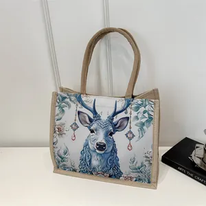 Große Baumwoll-Leinen-Einkaufstasche mit elegantem blauem Hirsch-Print für den täglichen Gebrauch