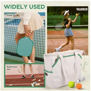 Versatile sports tote bag shown in pickleball, tennis, and badminton usage scenes.