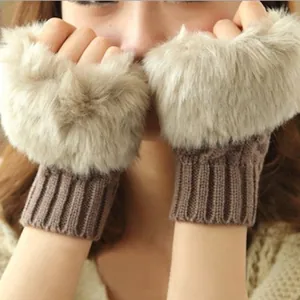 Guantes de invierno sin dedos para mujer con ribete de piel sintética y punto grueso