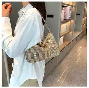 Elegante bolso de hombro con pedrería dorada para mujer, bolso de noche brillante