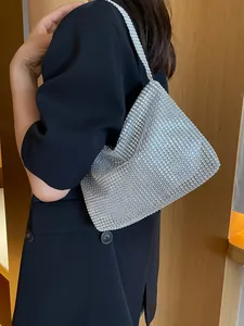 Elegante bolso de hombro de pedrería plateada para mujer, bolso de noche brillante de malla