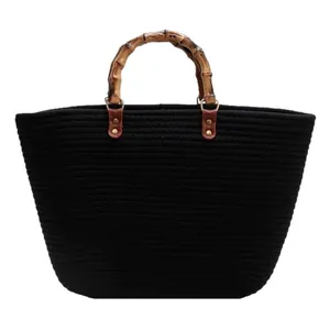 Sac fourre-tout noir tissé avec poignées en bambou vintage et une grande capacité