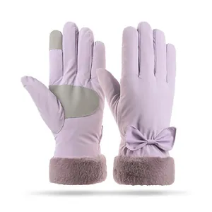Paarse thermische winterhandschoenen met strikdecoratie en touchscreen-vingertoppen