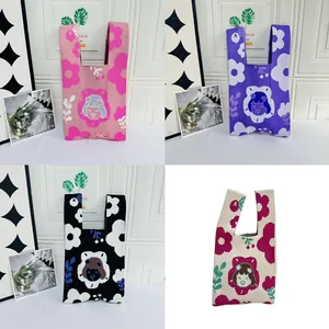 Collage of colorful knitted tote bags featuring floral and character designs in detail