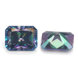Close-up detail of radiant cut multi-colored moissanite stone showing fire and brilliance