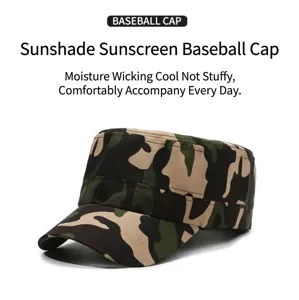 Detail view of a camouflage military flat top cap for outdoor sun protection.