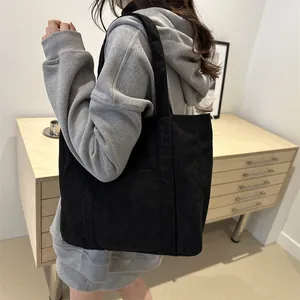 Minimalist black corduroy tote bag large capacity shoulder bag for women's daily wear