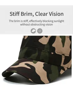 Close-up detail of camouflage cadet cap showing the stiff brim for outdoor sun protection