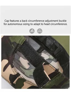 Detailed view showing the adjustable hook and loop back strap of a camouflage flat top hat