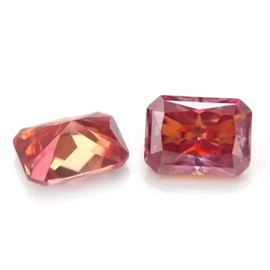 Close-up detail of radiant cut Fanta orange moissanite gemstone with sharp facets
