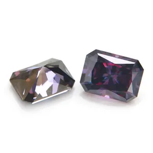 Detailed macro view of two radiant cut imperial purple moissanite loose gemstones