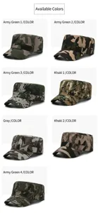 Detailed display of camouflage flat top caps in various military patterns and colors