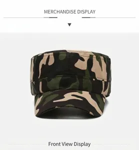 Front view of a military-style camouflage flat top cap for outdoor activities