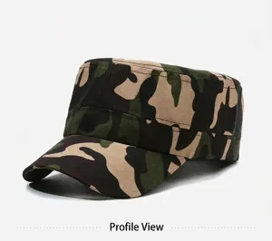 Detailed side view of a classic camouflage military flat top hat for outdoor activities.