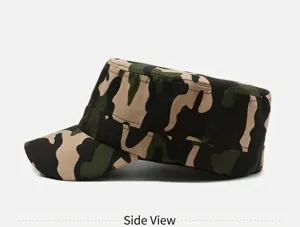 Side profile detail of a durable camouflage flat top military cadet hat for men.