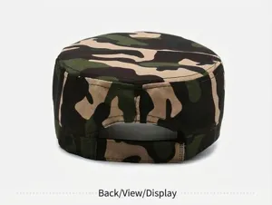 Detailed back view of a camouflage military flat top cap with adjustable velcro strap.