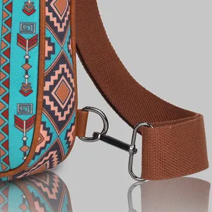 Close-up detail of ethnic pattern canvas bag with durable metal strap clasp buckle connection