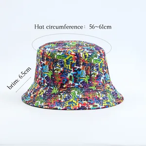 Detailed view of graffiti print bucket hat with 56-61cm circumference and 6.5cm brim specs