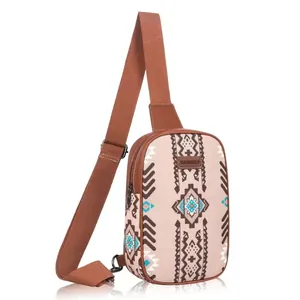 Detailed view of large capacity canvas sling chest bag with ethnic geometric patterns.