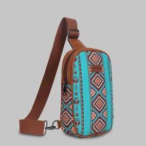 Ethnic style turquoise canvas sling bag with geometric diamond patterns for women
