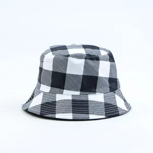 Front view of a classic black and white checkered bucket hat for outdoor leisure.