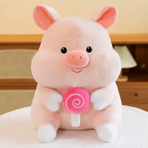Cute pink pig plush toy holding a pink lollipop, soft stuffed animal gift for kids