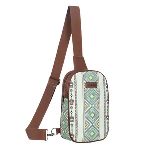 Stylish canvas chest bag with geometric ethnic pattern and adjustable brown strap