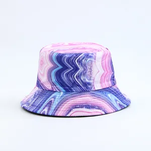 Close-up of stylish bucket hat featuring purple and pink marble swirl print for outdoors