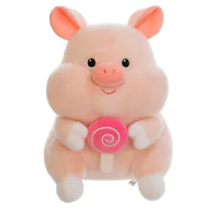 Cute pink pig plush toy holding a lollipop, soft stuffed animal for kids