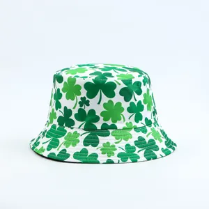 St. Patrick's Day clover print reversible bucket hat with green shamrock pattern