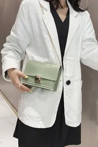 Close-up view of a trendy sage green small square crossbody bag with gold chain strap